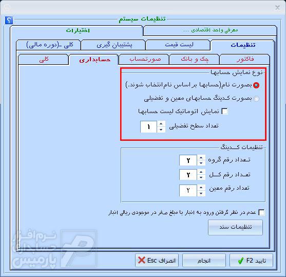 تنظیمات نوع نمایش حساب ها در نرم افزار حسابداری پارمیس پلاس 