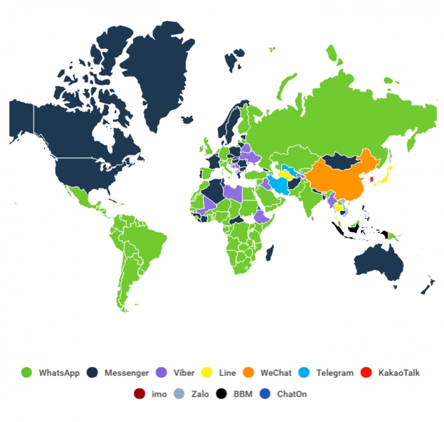 میزان محبوبیت انواع اپلیکیشن های پیام رسان در کشورهای مختلف جهان